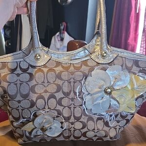 Coach Elegant Silver and Brown Floral Tote Bag